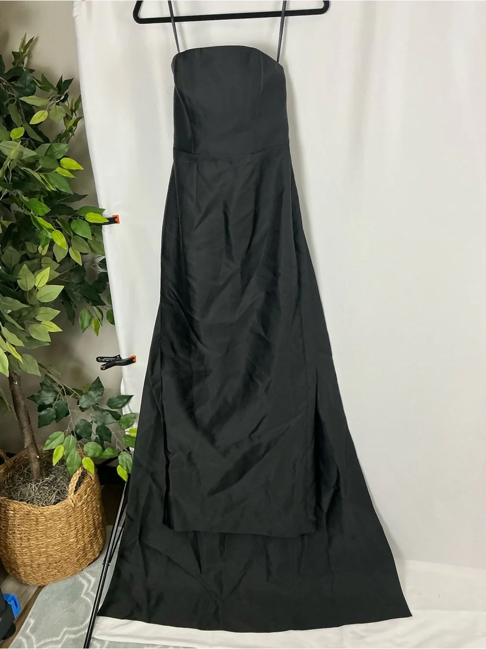 ALFRED SUNG Strapless Black Satin Column Gown with Removable Train - Picture 2 of 7